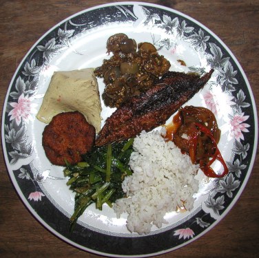 gegrillter Fisch, Hähnchen in Gemüse, Eggplant, grünes Gemüse, Tofu, Kartoffelplätzchen, Reis